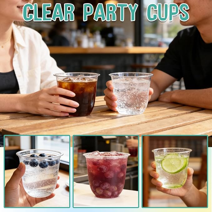 Alaeseje 100 Pcs Disposable Stemless Wine Glasses,12 oz Cocktail Cups | Round Bottom Clear Plastic Party Cups for Meeting Weddings Birthday Party Supplies