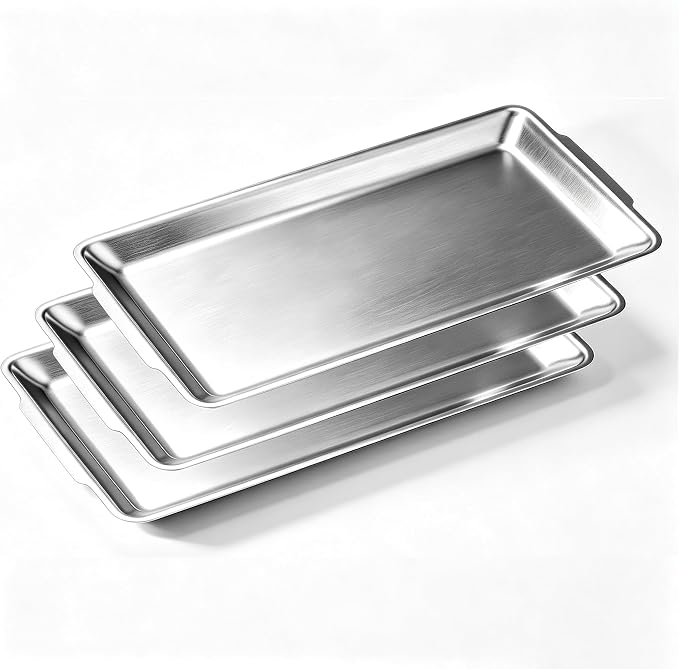 12.6" x 6.3" Dessert Tray Pastry Tray Set of 3, Stainless Steel Heavy-Duty Serving Trays, Silver Rectangular Plates for Food, Fruit, Party, Wedding, Christmas, Chip and Scratch Resistant