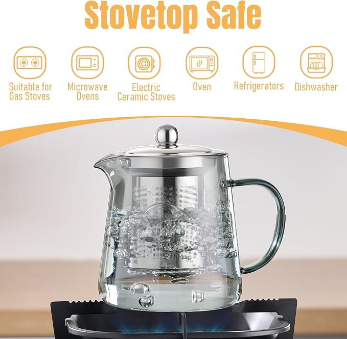 PARACITY Clear Teapot, Glass Kettle with Infuser, Tea Maker, 18.6 oz, Black | 550 ml borosilicate stovetop tea brewer with removable 18/8 steel strainer for loose leaf, blooming tea, fruit tea or bags
