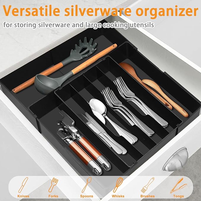 Silverware Organizer - Expandable Kitchen Drawer Organizer, 3" High Utensil Holder, BPA Free Flatware and Cutlery Tray for Spoons Forks Knives, Plastic Kitchen Organizer and Storage, Black