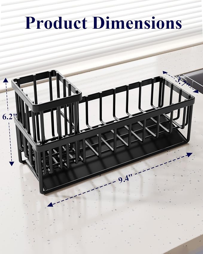 Kitsure Sponge Holder for Kitchen Sink, 9.4" x 3.7" x 6.2", Black | Kitchen Sink Caddy, Home Decor Accessories, Stainless Steel, High Brush Holder