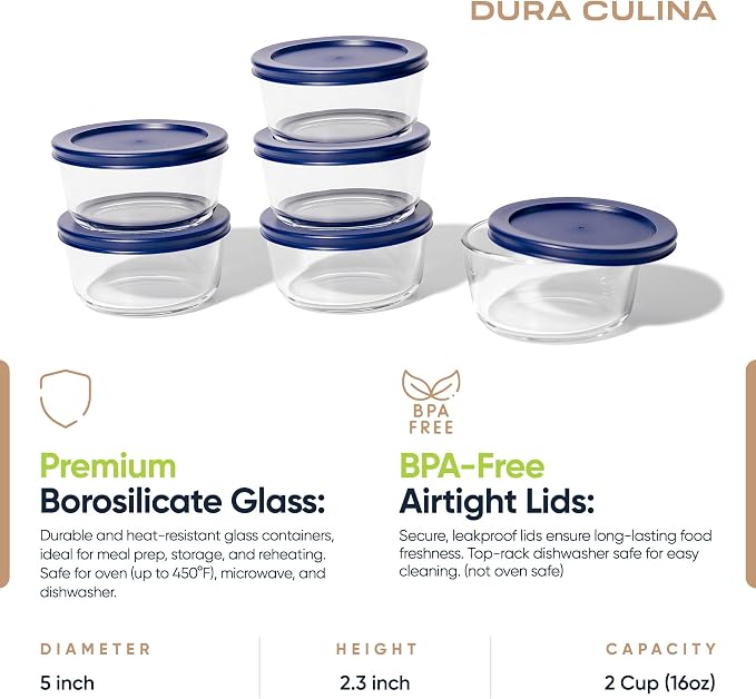 12-Piece Glass Food Storage Containers Set (6 Containers + 6 BPA-Free Lids) | 2-Cup, Leakproof | Microwave, Freezer, Oven & Dishwasher Safe | Ideal for Meal Prep & Pantry Organization, Blue