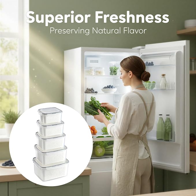 5 Pack Fruit Storage Containers for Fridge, Leakproof Plastic Bins with Removable Drain Colander, Stackable Produce Saver for Fresh Berry Lettuce Vegetable and Meat Storage