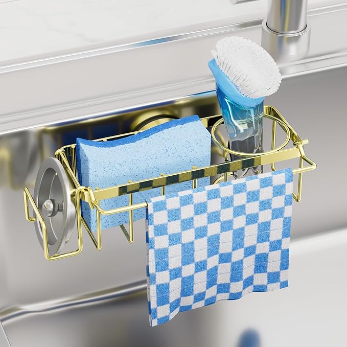 TAILI 4-in-1 Sink Caddy for Kitchen Sink with Strong Suction Cup-Gold | Removable Sponge Holder for Kitchen Sink Organizer, Rustproof 304 Stainless Steel Holder for Sponge, Brush, Scrubber, Scraper