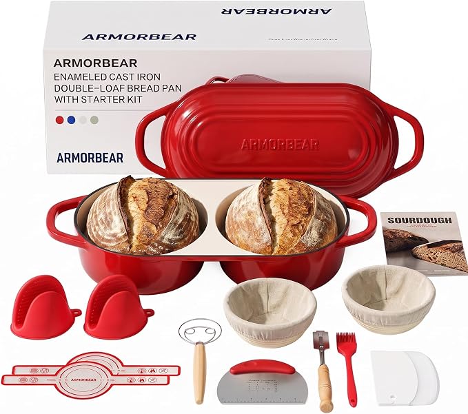 Sourdough Bread Baking Kit with Double Loaf Cast Iron Bread Pan, Red | Bakes two mini loaves at once with banneton proofing baskets included