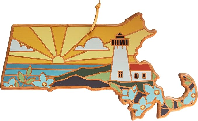 Totally Bamboo Massachusetts State Shaped Cutting Board, Summer Stokes Art | State charcuterie board with colorful hand-drawn landscape art. Smooth reverse side for food prep. Hang tie for wall display.