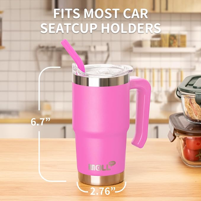 16 oz Tumbler with Handle, Hot Pink | Reusable Vacuum Insulated Tumbler with Convenient Handle, Complete with Sealed Lid & Straw, Ideal Daily Travel Cup for Women
