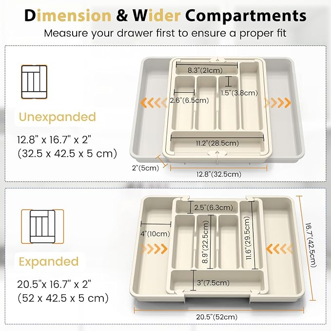 Caperci Large Silverware Organizer for Kitchen Drawer & Utensils - Expandable Drawer Organizer for Cutlery, Flatware & Gadget, BPA-Free Thick Plastic, Wider Compartments & Non-skid Feet (Tofu)