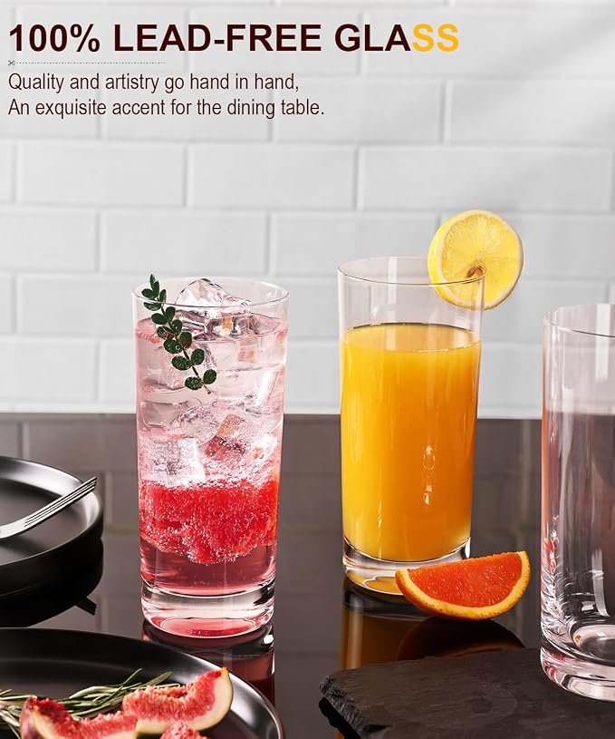 Drinking Water Glass Cups Set,Crystal Highball Glasses cups set of 8,16oz | Wide Mouth Design Tall Glassware for Cocktail Parties, Family Dinners
