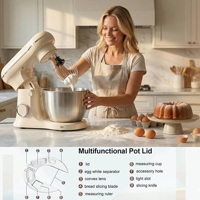10 Speeds Stand Mixer With Bowl 6.5QT Stainless Steel, Electric Kitchen Stand Up Mixer for Baking Cakes Cookie Bread Salad Food with Egg Whisk, Dough Hook, Flat Beater - Portable Baking Mixers White