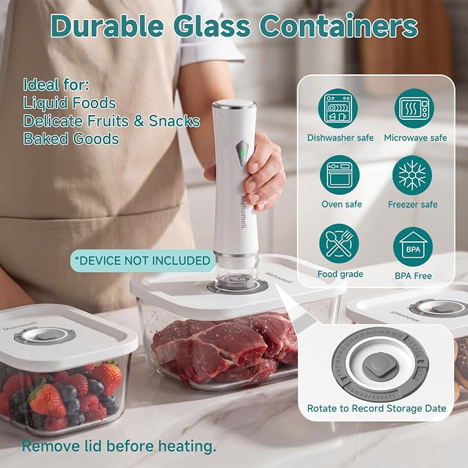 Glass Vacuum Seal Containers, 3-Piece Set, Small Medium Large | BPA-free, Borosilicate Glass, Date-tracking lids, Ideal for liquids and delicate foods, Works with handheld vacuum sealers