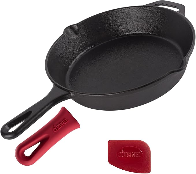 Cast Iron Skillet - 10"-Inch Frying Pan with Pour Spouts + Pan Scraper + Silicone Grip Handle Cover Holder - Pre-Seasoned Oven Cookware - Indoor/Outdoor Use - Stovetop, Induction. PFAS and PFOA-free