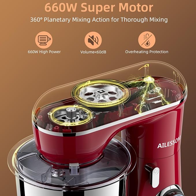 Stand Mixer, 6.5QT Tilt-Head Electric Kitchen Mixer, 10-Speed Household food mixer with 307 Stainless Steel Bowl, Dough Hook, Whisk & Beater, Splash Guard, Ideal for Baking Bread, Cake & Whipping
