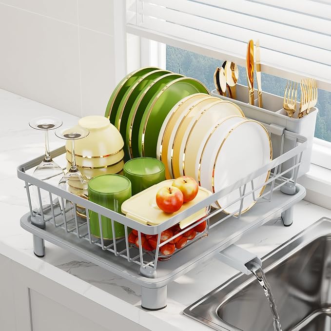Dish Drainer Rack with Drip Tray, Sink Dish Drainer with Drainage Spout, Stainless Steel Dish Drying Rack with Cups, Utensil & Cutting Board Holders for Kitchen Counter Space-Saving, Grey