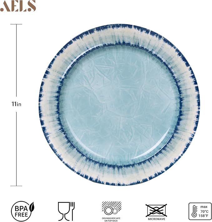 Melamine Salad Plates Set of 6, 11 inch Serving Dishes for Indoor and Outdoor Use, Dishwasher Safe, Lightweight Unbreakable, BPA Free, Light Blue