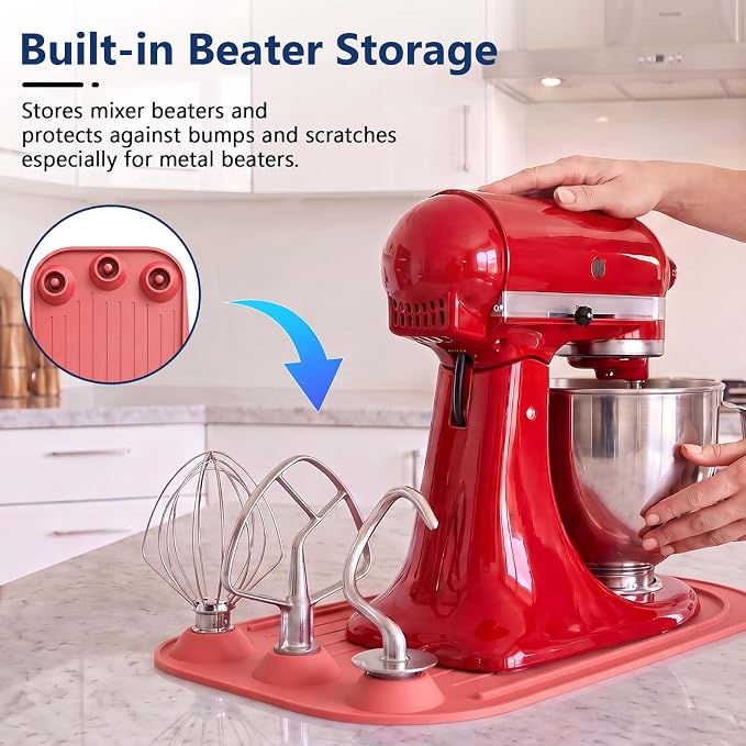 Upgraded Mixer Slider Mat for KitchenAid 4.5-5 Qt Tilt-Head Stand Mixer | Silicone Countertop Mover with 3 Attachment Storage Slots, Non-Slip Mixer Pad Organizer for Dough Hook Whisk Flat Beater, Red