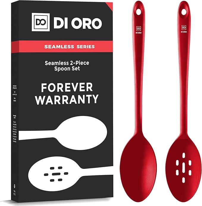 DI ORO Silicone Cooking Spoons - Solid & Slotted Set, 2-Pc Red | Large heads for mixing, serving, and stirring; Heat-resistant to 600F for nonstick cookware; BPA-free and dishwasher safe