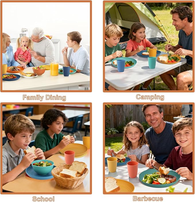 Wheat Straw Dinnerware Sets, 20 PCS Service for 4, Dishwasher & Microwave Safe Kids Plates and Bowls Sets, Unbreakable Lightweight Outdoor Camping Dishes - Multicolor