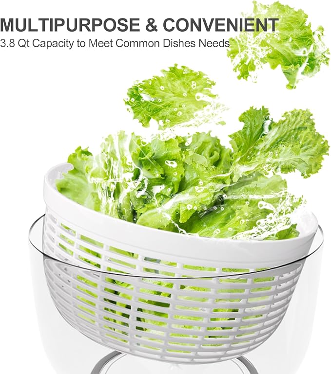 Salad Spinner Small Lettuce Spinner Kitchen Gadgets Vegetable Washer, High Efficiency for Home Kitchen Washing & Drying Leafy Vegetables, One-Handed Handle Easy Press 3.8 Qt White