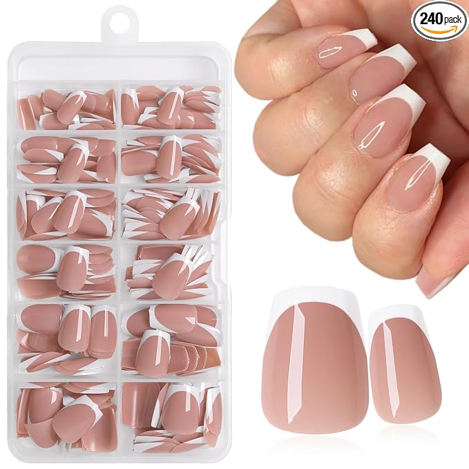 240pc White French Tip Press on Nails Short Coffin Acrylic Nail, Coffee Press ons Fake Nails with Glue, 12 Sizes Glue on Nails Extra Short Press on Nail Coffin Artificial Stick on Nail for Women
