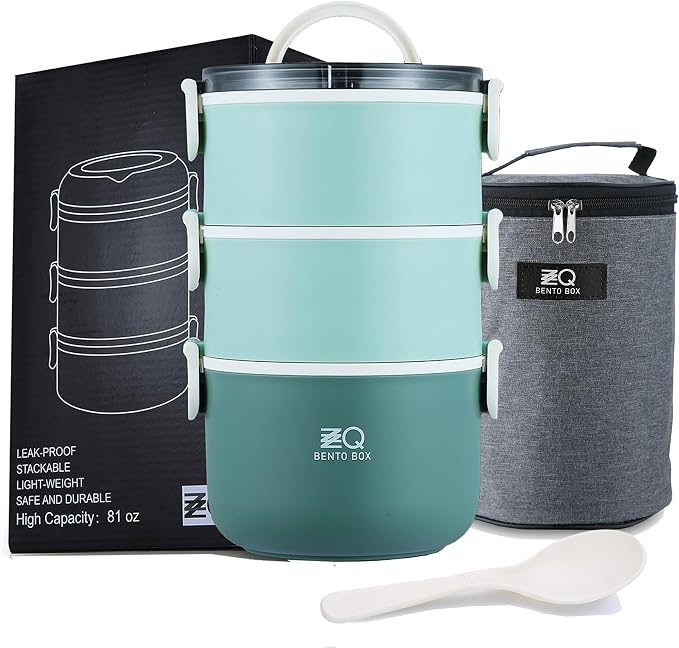 3-Tier Stackable Lunch Box Adult Bento Box Set with Thermo Bag, Utensils | 81oz Large Capacity Lunch Containers, BPA-Free, Leak-Proof, Microwave & Dishwasher Safe Bento Box for Work, School, Green