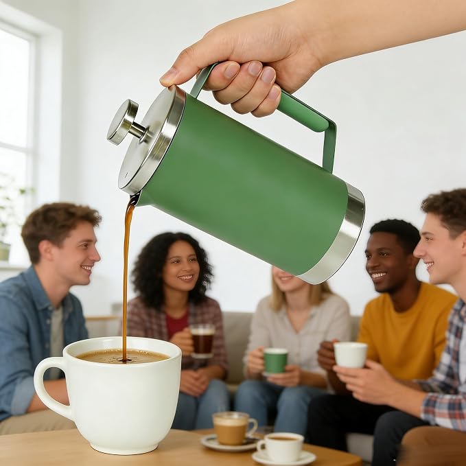 Green 600ml French Press Coffee Maker, Double Wall Stainless Steel, Detachable Filter, Cool Touch Insulated Handle, Easy to Clean, Portable Coffee Brewer for Home, Camping, Single & Couple Use