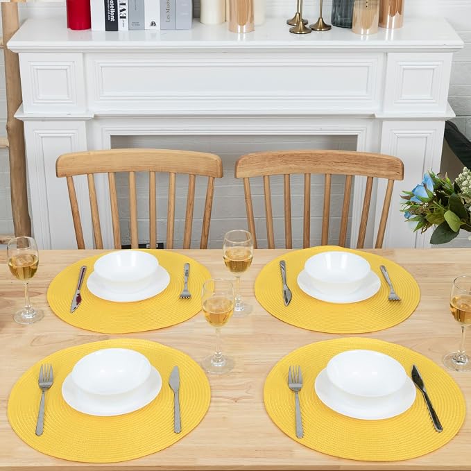 Winknowl Round Braided Placemats Set of 4 Washable Woven Heat Resistant Table Mats for Kitchen Dining Tables 15 inch Round Place Mats (Yellow,4pcs)