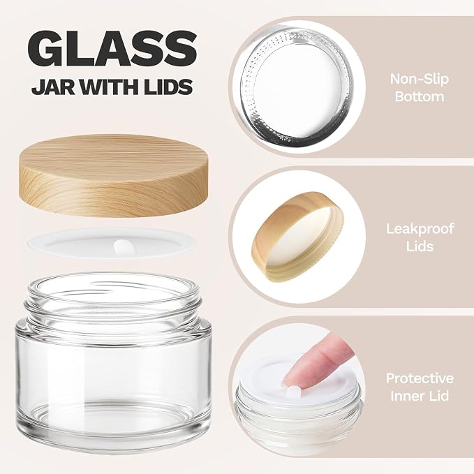 1 oz Clear Glass Jars with Lids, 6 Pack Small Sample Cosmetic Container | Leakproof, Refillable, Travel-Size, Mini Empty Jar with Labels for Lip Balm, Creams, Lotions, Samples and Homemade Skincare