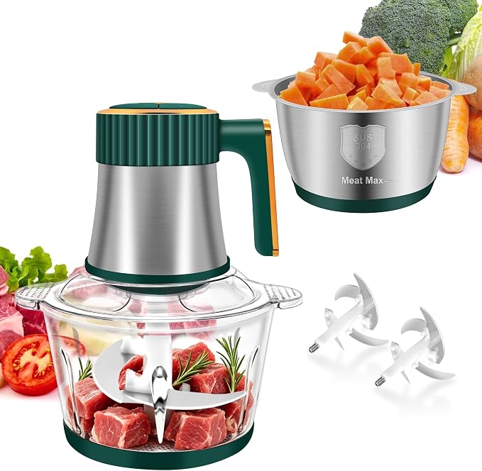 Food Processor, 5 Speed Meat Grinder with 2 Bowls(8 Cup+8 Cup), Green | 4 Bi-Level Blades Electric Food Chopper, Mini Kitchen Cutter for Vegetable Onion Garlic Meat