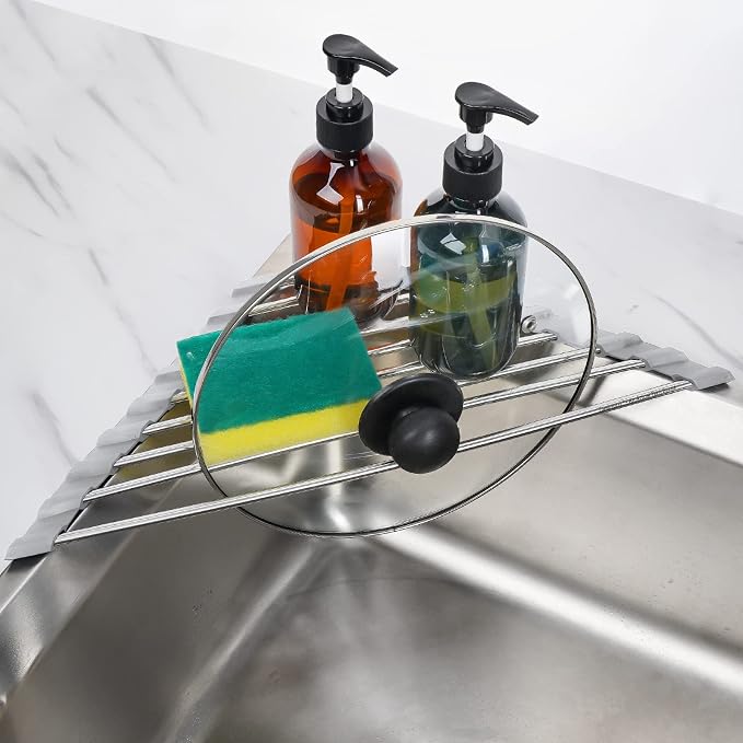 Tomorotec Triangle Roll-Up Dish Drying Rack for Sink Corner Small Foldable Stainless Steel Over The Sink Multipurpose Kitchen Drainer Caddy Organizer Storage Space Saver Shelf Holder (Gray) | BPA-Free Food-Grade Silicone Edges Foldable Waterproof Rustp...