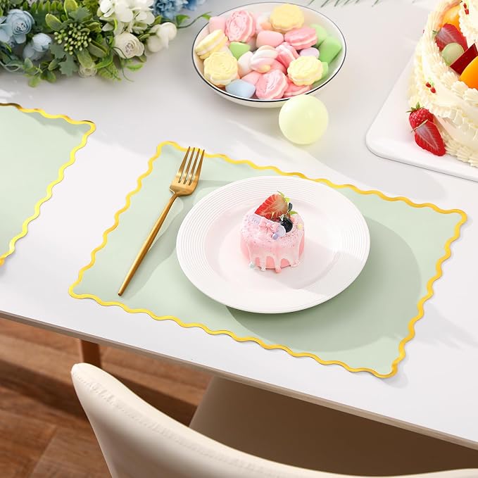 FoldTier 150 Pcs Disposable Paper Placemats Bulk 10"x14" Rectangle Place Mats with Scalloped Edges Dining Table Mat for Wedding Birthday Party Table Decoration(Sage Green)