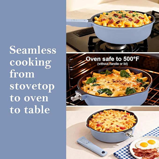 12 Inch Nonstick Deep Frying Pan Skillet with Lid,5 Qt Large Saute Pan,Blue | Detachable Handle, Suitable for All Stoves, Including Induction, PTFE & PFAS & PFOA Free, Oven Safe