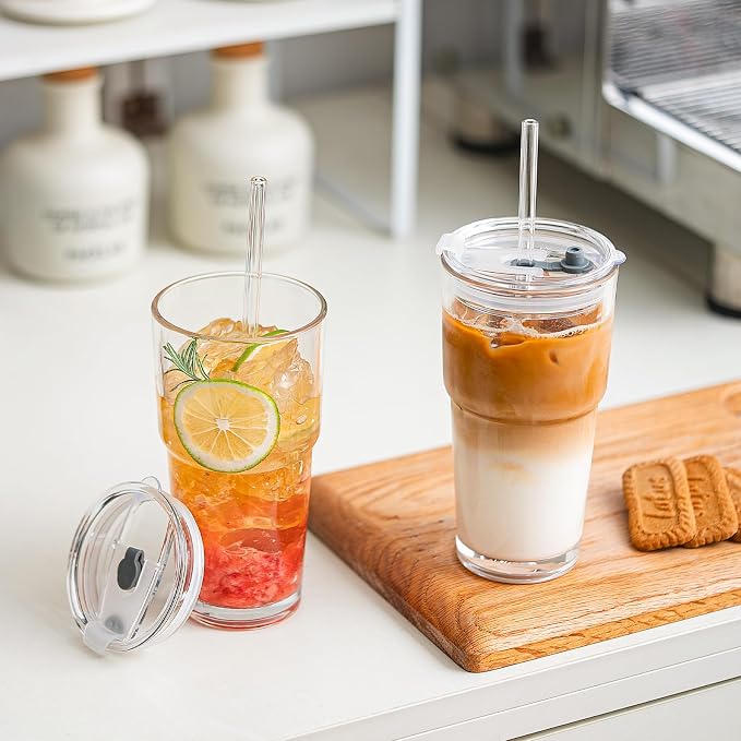 SoulTimes 20oz Clear Glass Tumbler with Lid and Straw – Iced Coffee Glasses Cups for Smoothie, Matcha, Juice, Water etc. Leakproof and Reusable Glassware Drinking for Travel To Go 【2 Pack】