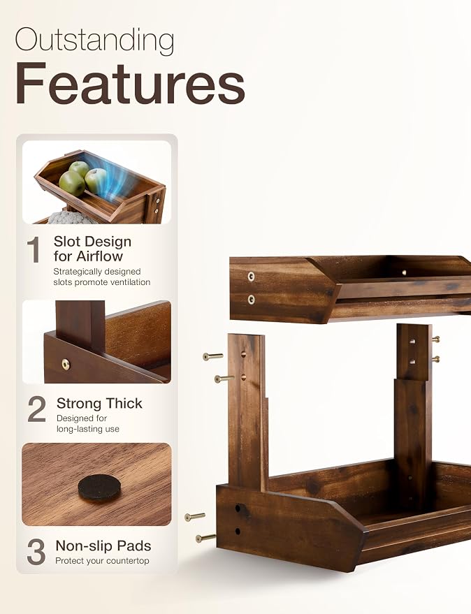 HOLANA Acacia 2 Tier Fruit Basket, Sturdy, Easy Assembly (Walnut color) | Solid Acacia Wood, Non-slip Pads, 20LBS Capacity, Slatted Design, Multi-Purpose Storage for Fruit & Vegetable, Pantry Bin
