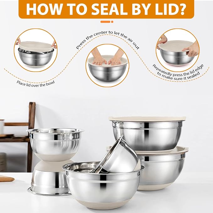 Mixing Bowls with Airtight Lids, 18pcs Stainless Steel Mixing Bowls Set | Nesting Non-slip Silicone Bowls Bottom, Size 4.5, 3.6, 2.7, 2.1, 1.7, 1.1, 0.7 qt, Fit for Mixing & Serving(Khaki)