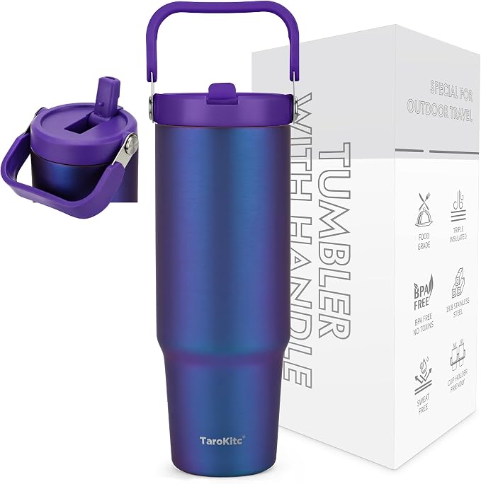 TaroKitc 30 oz Tumbler with Handle and Flip Straw, Triple-Wall Vacuum Insulated Water Bottle, Leakproof Reusable Travel Mug for Home, Outdoors, Fit in Car Cup Holder, Cold for 30 Hrs,Aurora