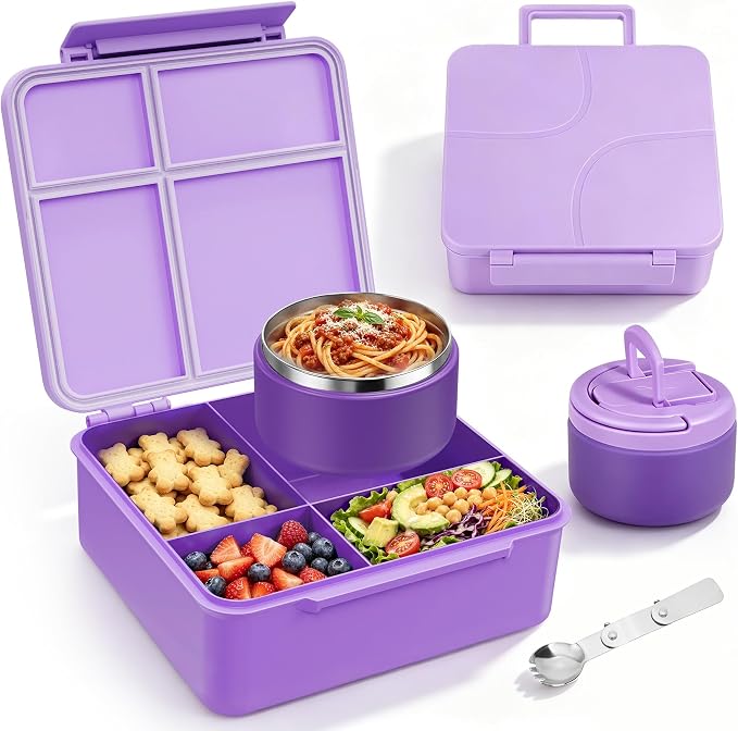 Bento Lunch Box Set for Kids with 8 oz Soup Thermo, Leakproof Hot Food Container with 4 Compartments, Insulated Food Jar for Toddler Daycare Boys Girls School - Purple