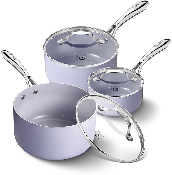 KOCH SYSTEME CS Nonstick Sauce Pan with Lid 1QT & 2QT & 3QT, 6pcs Nonstick Saucepan Set with Cool-Touch Handles, Sauce Pot Set with Ceramic Coating, Induction Compatible Sauce Pan, Oven Safe, Purple