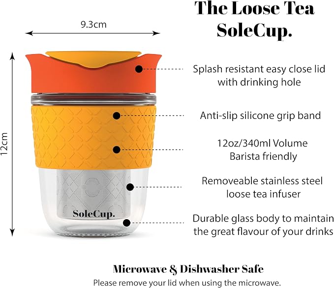 Travel Mug Loose Tea Infuser - Detachable Tea Strainer with Spillproof Lid - BPA-Free Reusable Glass Travel Coffee Cup with Silicone Band (Red, 12oz)
