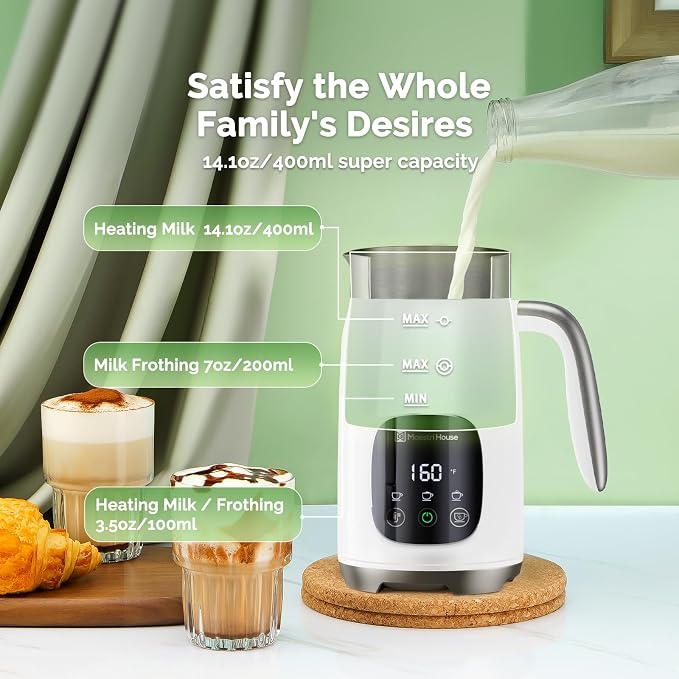 Maestri House 14OZ BasicFro 400 Milk Frother and Steamer | Variable Temp (4 Settings) & 3 Froth Thickness Levels, Touch Control with 6 Presets, Stainless Steel, Easy Clean