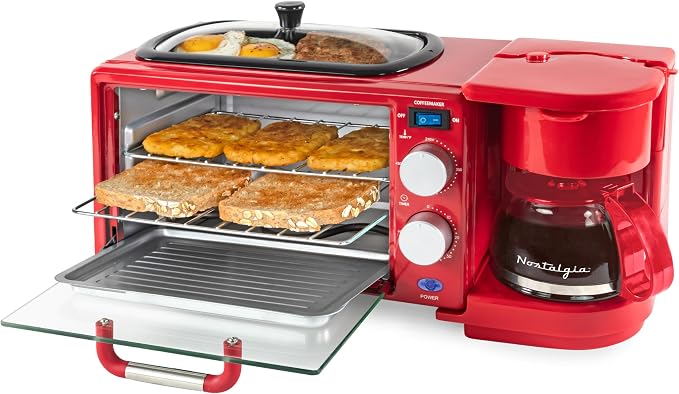 Nostalgia 3-in-1 Retro Breakfast Station - Includes 5 (4 Oz) Cup Coffee Maker, Non-Stick Ceramic Griddle, and 4-Slice Toaster Oven - Built-In Timer, Reusable Coffee Filter, Space-Saving Design - Red