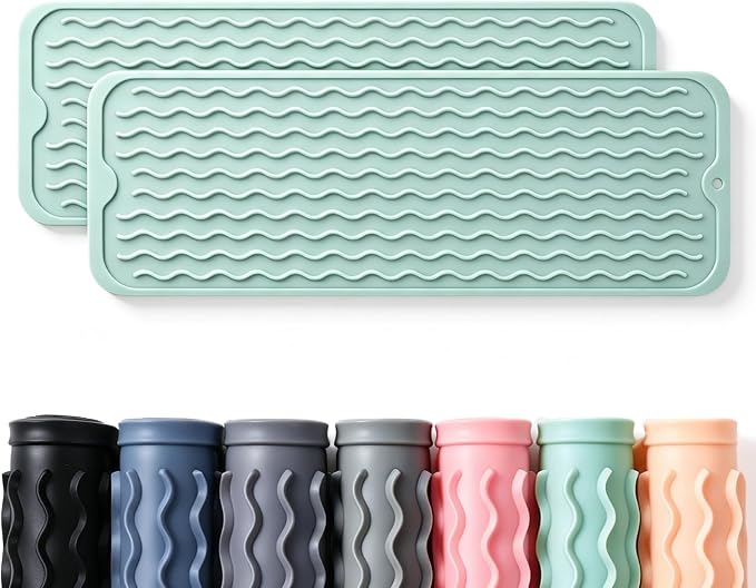 2 Pack Caketime Silicone Dish Drying Mat for Kitchen Counter Under Bathroom Sink Near Faucet Absorbent for Dishes Water Heat Resistant Pad with Soap Holder Decor essentials 17inchx6inch Green