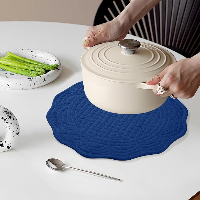 6 PC Quilted Placemats, 14" Extra Large Cotton Placemats Set of 6, 100% Cotton Fabric Washable Cloth Table Mats for Kitchen & Dining Table - Soft &Easy Clean(Sapphire Blue, Round)