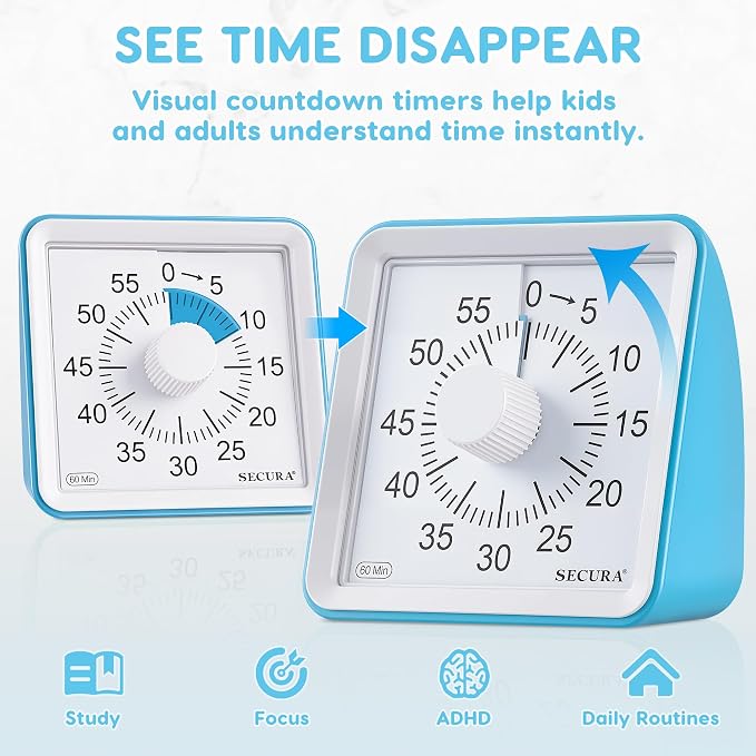 Secura Visual Timer for Kids, 60 Minute Classroom Countdown Timer for Study | Non-Ticking, Adjustable Alarm Volume/Duration, Low Power Reminder, Time Management Tool for ADHD (Blue & Blue)