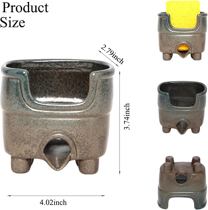 Ceramic Sponge Holder with Drainage，Farmhouse Sink Caddy | Self Draining Organizer for Sponges, Soap, Brushes. Compact Rustic Kitchen Accessory Keeps Counter Dry & Tidy. Country Blue