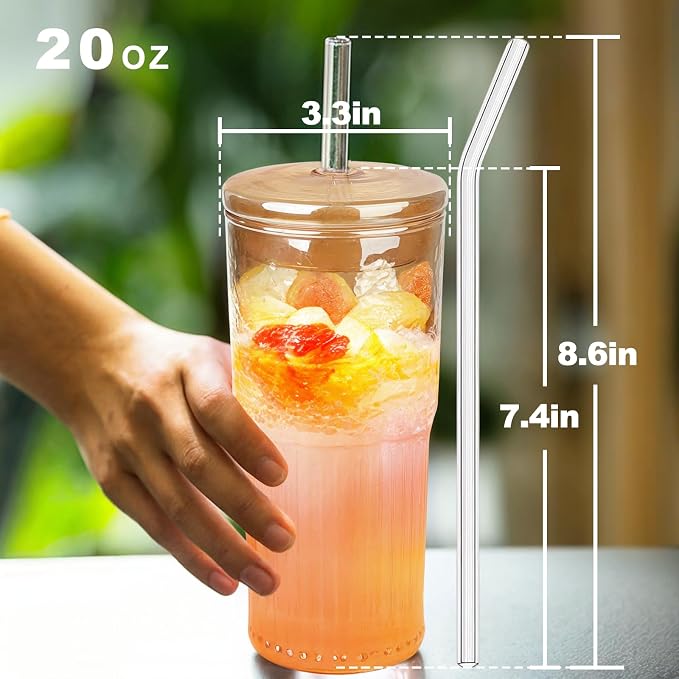 JunVpic Glass Coffee Tumbler, 20 oz Glass Cup with Lid and Straw | Amber glass design, Hammered Texture, reusable straw and lid for iced coffee, tea, smoothies and hot & cold drink