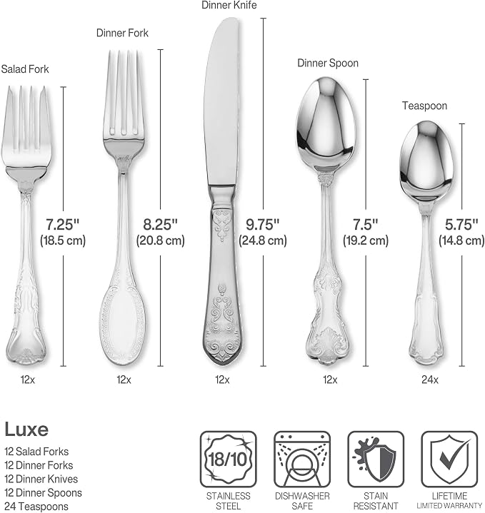 Wallace Hotel 77-Piece Flatware Set, 18/10 Stainless Steel Silverware Set for 12 with Filigree Handles, Dishwasher Safe Cutlery Set for Formal Dining