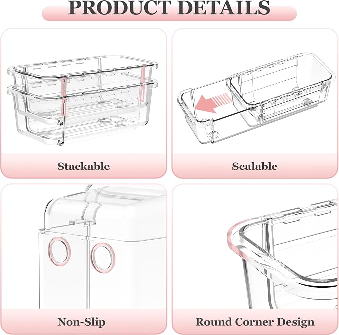 DILIBRA 16 Pcs Clear Extendable Drawer Organizer, Adjustable Drawer Storage | 3-Size Desk Drawer Organizer, Plastic Non-Slip Storage Bins for Makeup Cosmetic Jewelries Utensils Stationery Dressers Tool