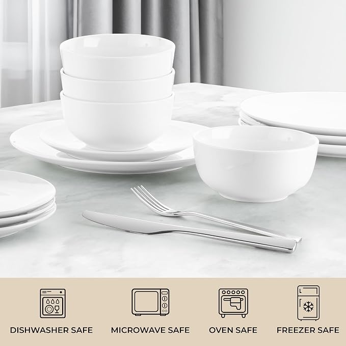 Zulay Kitchen Icon Porcelain Dinnerware Set, Service For 4 - Chip & Scratch Resistant White Plates And Bowls Sets - Microwave & Dishwasher Safe - White