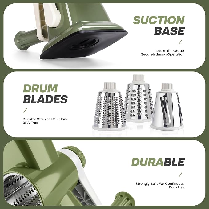 Rotary Cheese Grater, Cheese Grater Hand Crank, 3-Blade Grater | 3 stainless steel drums create fine shreds,coarse grates and slices for cheese, vegetables, salads, pizza and daily meal prep